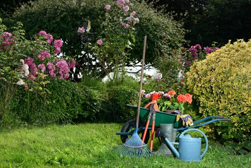 Technician trimming mature hedge with safety equipment in residential area